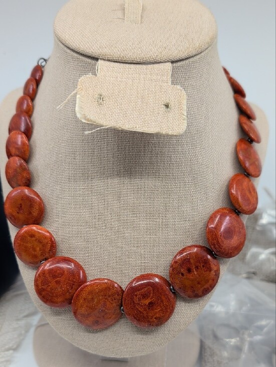 Vintage Jewelry - Vintage Sponge Coral 925 Sterling Silver Graduated Disc Adjustable Necklace